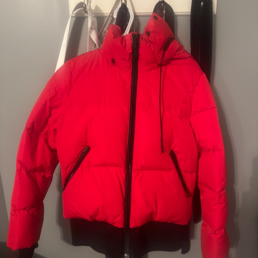 Red Puffer Jacket with Black Accents